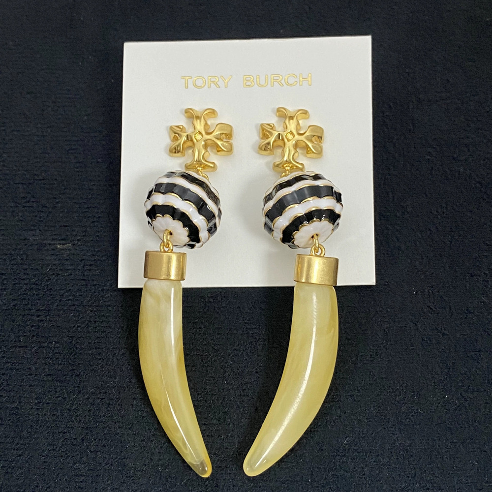 Tory Burch Black White Enamel Ball Ivory Logo Metal Drop Earrings